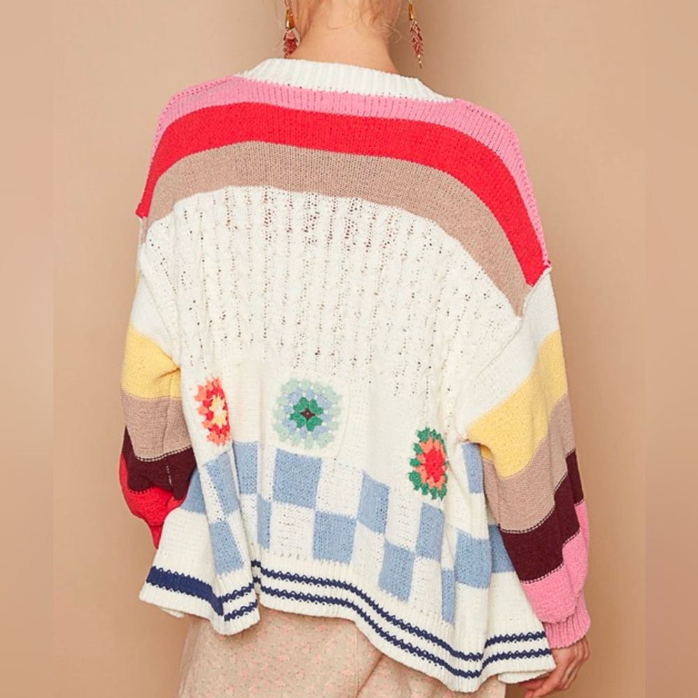 New POL granny square crochet cardigan sweater ivory tic toc Hand made stitch - Picture 3 of 6